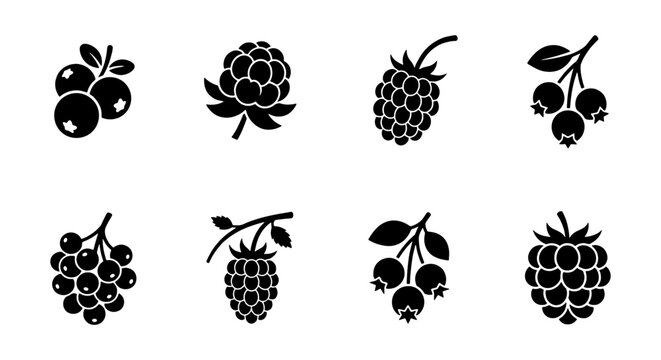 Berry Icons Set, Black Fruit Silhouettes, Healthy Food Graphics