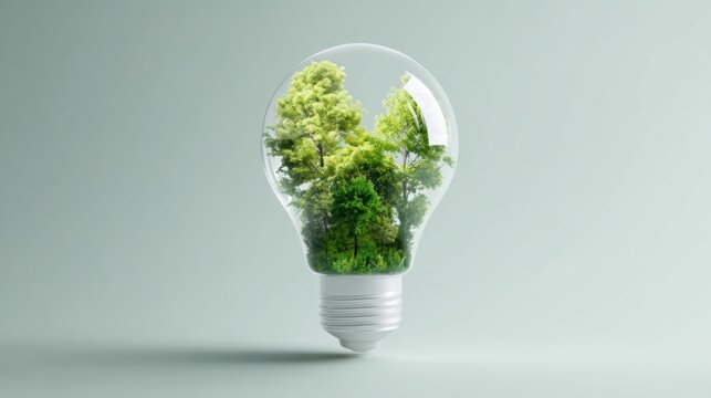 Light bulb containing green trees symbolizing eco-friendly energy and environmental sustainability.