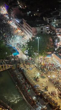 Vertical Night Aerial View of Har Ki Pauri Haridwar Uttarakhand India