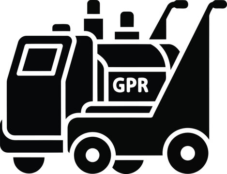 Black silhouette icon of ground penetrating radar equipment on truck with antennas and monitor for subsurface exploration.