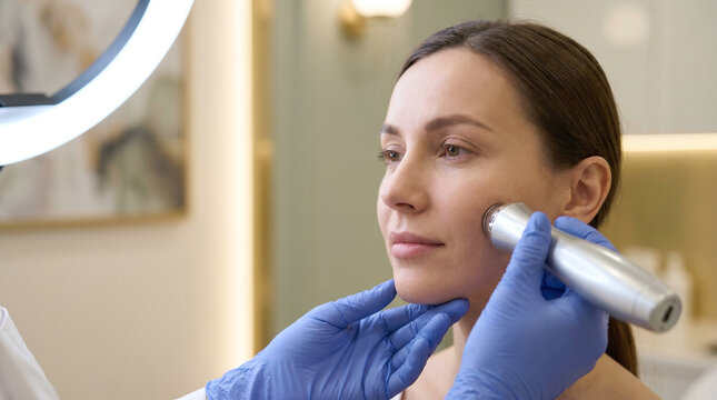 Close-up of dermatologist examining patient's face with tool in luxury medical aesthetic clinic