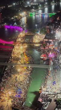 Vertical Night Aerial View of Har Ki Pauri Haridwar Uttarakhand India