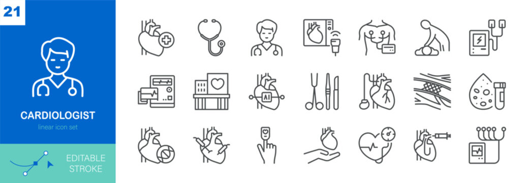 Simple Set of Cardiologist Related Vector Line Icons. Contains such Icons as Stethoscope, ECG Monitor, Defibrillator, Echocardiogram, Cardiac Surgery and more. Editable Stroke. Vector Illustration.