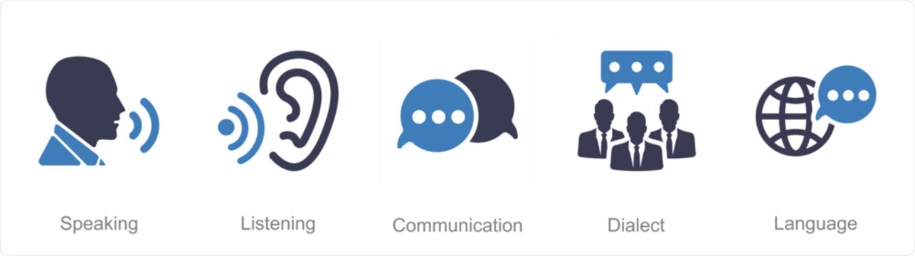 Set of five flat icons representing key communication concepts including speaking listening language dialect and group discussion isolated design