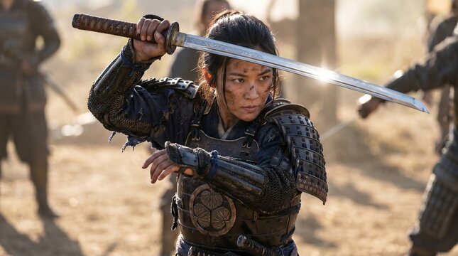 Portrait of a woman Samurai in training during feudal Japan, in a ready stance