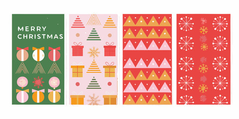 Four christmas card designs with festive patterns and holiday greetings on white background © Dibyendu