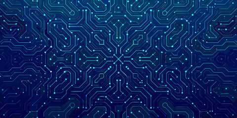 abstract blue circuit board pattern with symmetrical lines and digital connections © Dibyendu