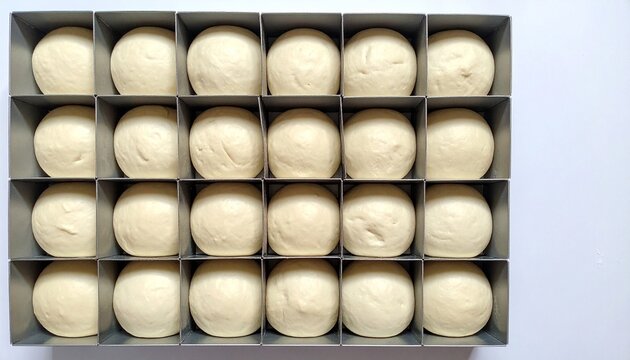 Tray of 24 smooth dough balls arranged in precise 4x6 grid, glossy texture, uniform shape, symbolizing patience, craftsmanship, and harmony in culinary preparation.