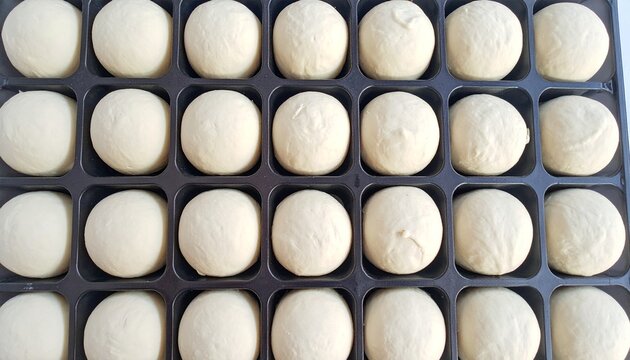 Tray of 24 smooth dough balls arranged in precise 4x6 grid, glossy texture, uniform shape, symbolizing patience, craftsmanship, and harmony in culinary preparation.