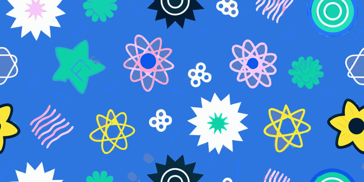 abstract floral and atomic icons pattern colorful vector illustration on blue background
