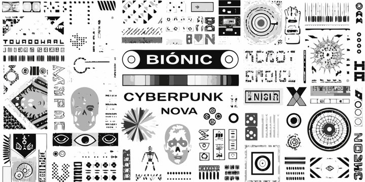 Cyberpunk collage with eyes skulls and geometric shapes in monochrome style