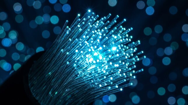 Bright blue light transmits through a bundle of optical fiber cables against a dark bokeh background created through artificial intelligence 