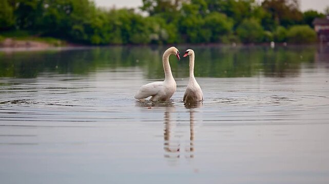 Schw&auml;ne beim Balztanz auf einem See im Fr&uuml;hling