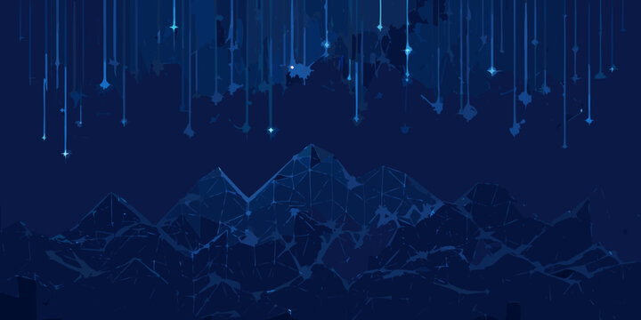 low poly mountain range with falling star effect digital illustration in dark blue