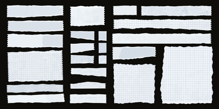 torn notebook paper fragments collage with grid pattern on black background