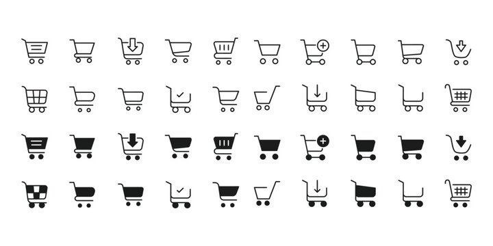 Collection of shopping cart icons in various styles and states