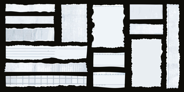 torn notebook paper fragments collage with black background isolated white pieces