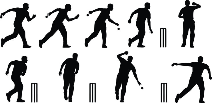 Cricket bowler bowling silhouettes set with player action poses throwing ball near wickets