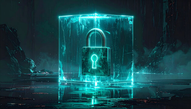 A glowing cyan padlock encased in a translucent cube, symbolizing digital security and data protection in a futuristic, dark environment.