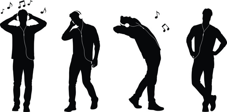 Man listening to music with headphones silhouettes set with male characters dancing and enjoying sound