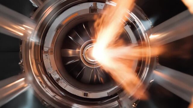Jet engine accelerating with a powerful fiery exhaust plume moving through its advanced turbine stages, illustrating propulsion technology and aerospace innovation, generating immense power
