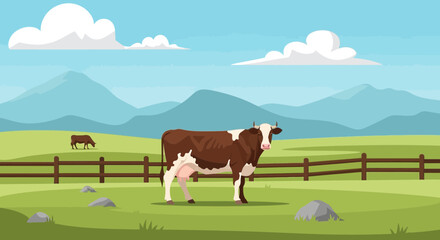 Brown and white cow standing in a green pasture with mountains and fence © Sifa