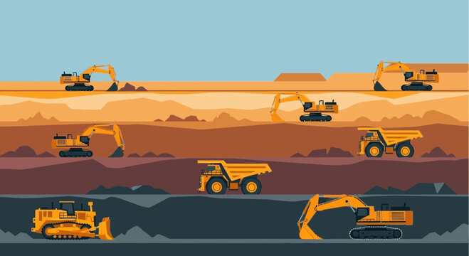 Mining Excavation Site with Heavy Machinery, Digging and Transporting Materials