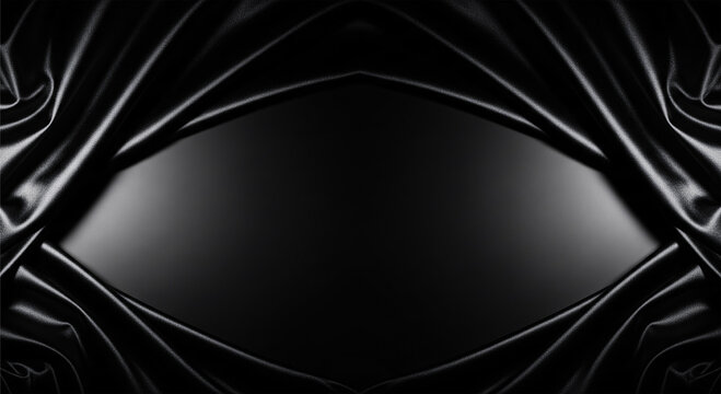 Dramatic black satin fabric dramatically draped into eye-shaped void framing dark oval hollow center, luxury fashion editorial background for high-end brand reveal couture event, premium dark design
