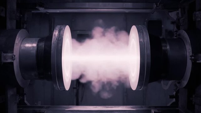 Plasma beam creating high energy while conducting a scientific experiment in a modern research laboratory, demonstrating advanced physics and futuristic technology for energy development