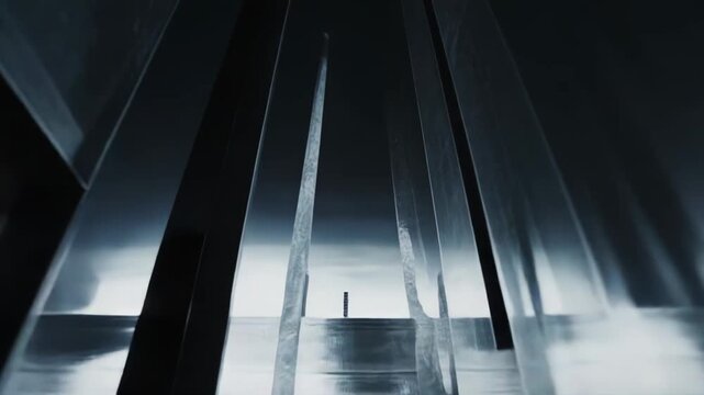 Abstract geometric structure featuring an intricate arrangement of reflective metallic surfaces, creating a complex and dark futuristic architectural labyrinth with intriguing light and shadow play