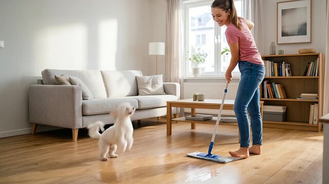 young woman and puppy mopping