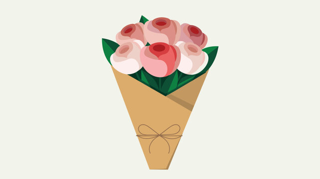A decorative bouquet of assorted pastel roses wrapped in rustic brown paper packaging tied with a delicate string bow against a neutral light background.
