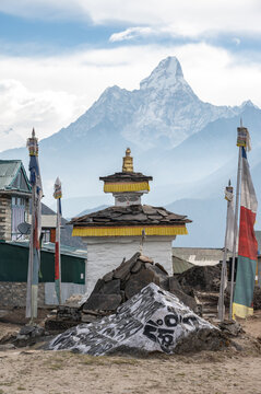Mt.Ama Dablam seen from Khumjung village, Nepal. Khumjung and Khunde are neighboring Sherpa villages in Nepal's Everest region.