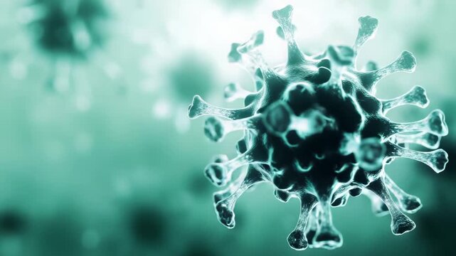 Microscopic virus structure with protein spikes invading human cells, causing infectious disease, global pandemic, and representing health risk concept