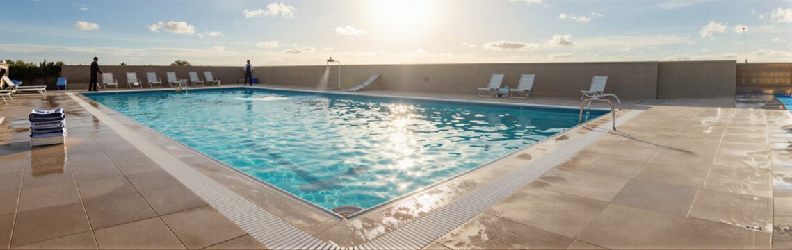 Rooftop swimming pool with sun reflecting on water