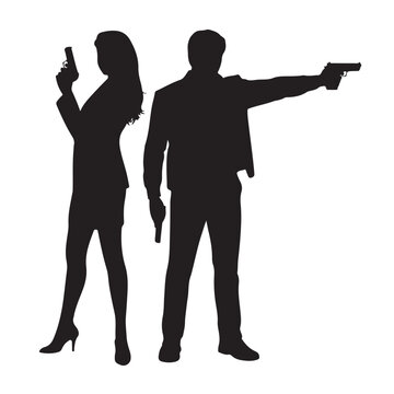Crime Thriller Silhouette: Armed Man and Woman Holding Guns for Security Concepts