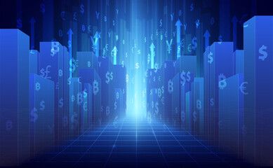 Fototapeta premium Modern Digital Illustration Showing Cryptocurrency and Financial Growth with Currency Symbols and Upward Arrows
