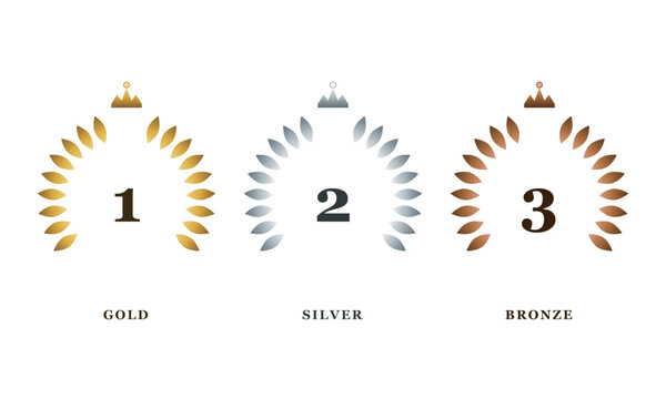 Ranking award laurel wreath badge set gold silver bronze first second third place winner medal vector illustration