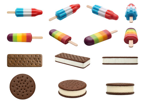 Rocket popsicles, rainbow ice pops, ice cream sandwich set, transparent background, 4th of July holiday