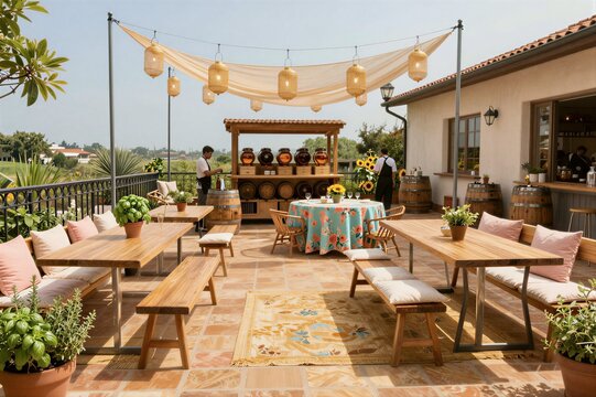 Outdoor dining setup with tables and decorative canopy on terrace