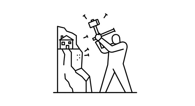 Person demolishing house on cliff with sledgehammer, concept of destruction or change