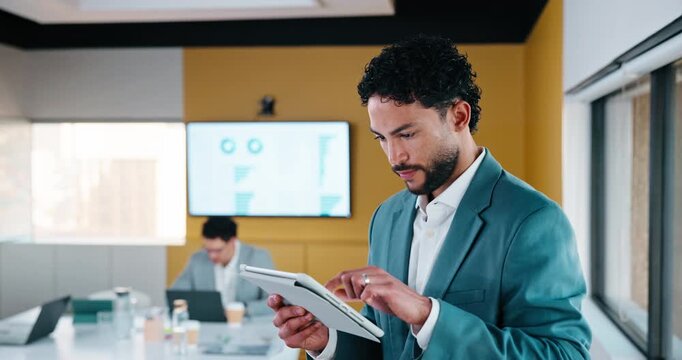 Tablet, office and business man reading data analytics for growth, revenue or results. Smile, research and professional analyst with stats, metrics or digital report for risk assessment or analysis
