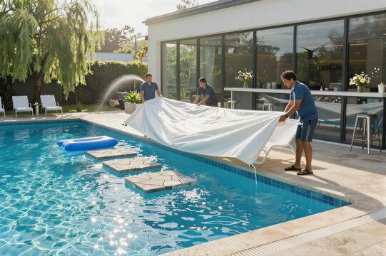 Workers covering swimming pool with large protective sheet