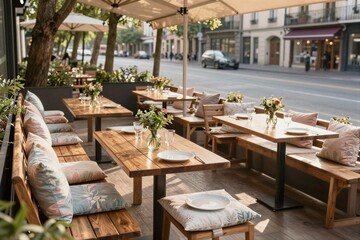 Obraz premium Restaurant terrace set with wooden tables and floral cushions