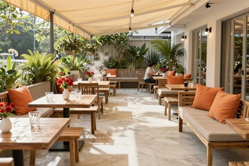 Obraz premium Outdoor cafe seating with plants under shaded patio