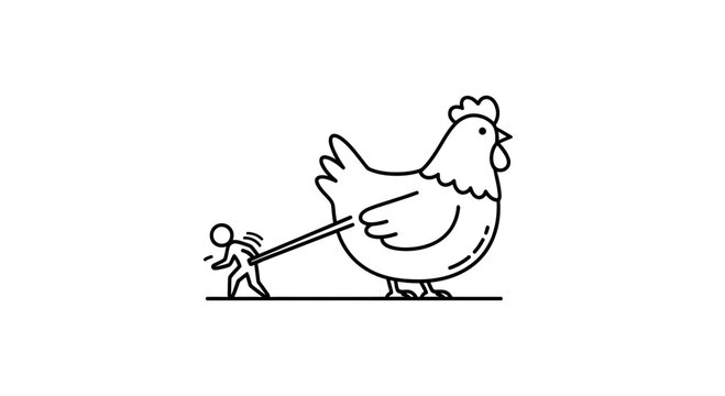 Person pulling a giant chicken, funny concept, struggle, effort, big challenge, small person