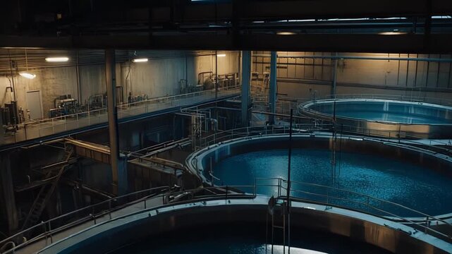 Large industrial facility featuring multiple circular tanks filled with water, complex plumbing infrastructure, and various processing machinery for treatment and purification