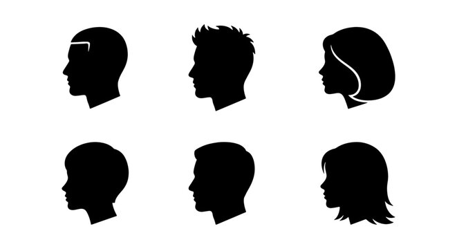 Diverse Human Head Silhouettes, Profile Views, Male, Female, Child, Icons