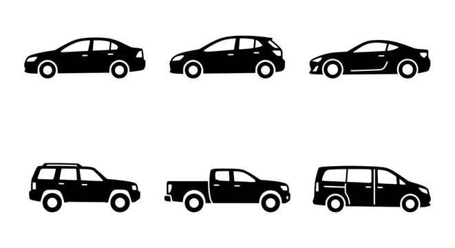 Black Car Icons Set, Vehicle Silhouettes Collection, Automotive Icons