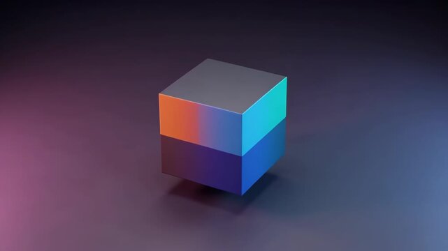 A colorful cube floating in minimalistic style on a dark gradient background, symbolizing modern abstract concepts